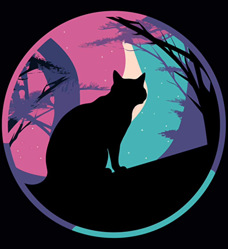 a cat is seen in the middle of a circle, in the style of dark navy and violet, simplistic vector art, collecting and modes of display, the san francisco renaissance., silhouettes in space, light magenta and teal, award winning