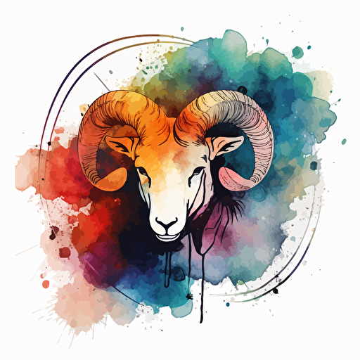 vector line drawing of aries symbol, no ram head, with multicolor, watercolor background.