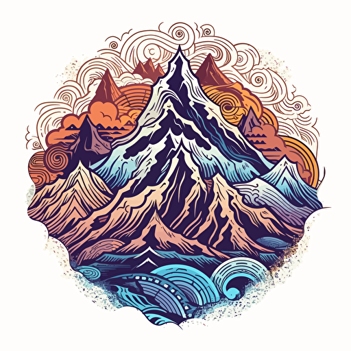 Logo, Chitra painting style, vector, waveforms (sine, saw, square), a mountain with snow, psychedelia, fantasy, detailed, intricate