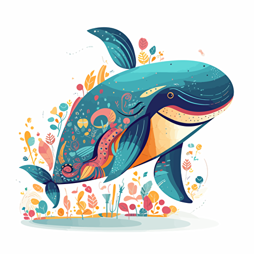 whale, detailed, cartoon style, 2d clipart vector, creative and imaginative, floral, hd, white background