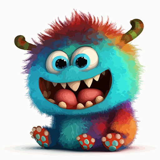 A saturated colorfull baby fur french monster, goofy looking, smiling, white background, vector art , pixar style
