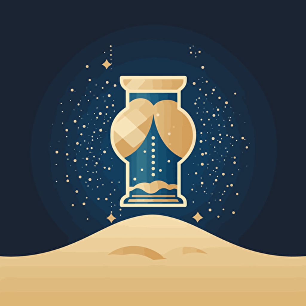 A sand timer with a stylized beach scene at the top, Sand sifting through the middle changing to gold tokens staking up at the bottom, vector style logo, blue sea colour background, HD