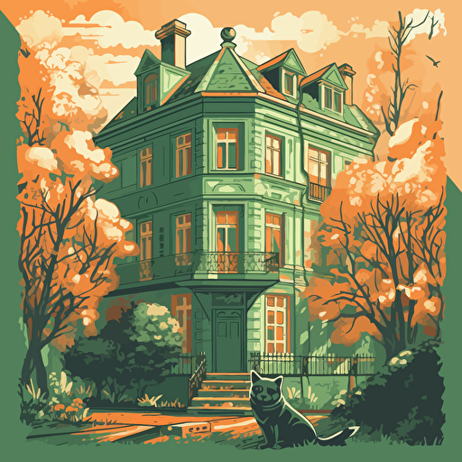 an illustration of a two story multifamily building, with green oak trees, a cat, sun, limited color pallete, beautiful, detailed, vector, svg, shadows, highlights, inspired by art by andrey propenko,