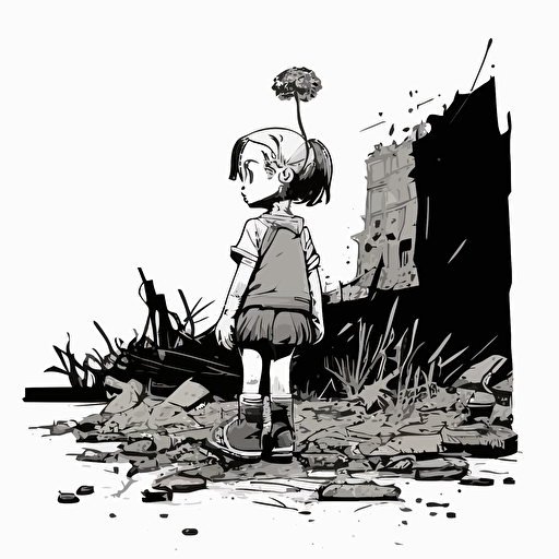 A minimalistic comic illustration of a sad little girl, in the style of Humberto Ramos, looking to the floor, with a flower in her hand, and a destroyed building in the background, style: minimalistic flat vectors, black and white, detailed, no shades.