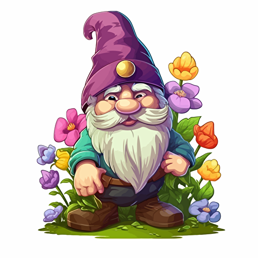 gnome, flowers, detailed, cartoon style, 2d clipart vector, creative and imaginative, hd, white background