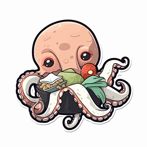 octopus eating sushi, sticker, Hand drawn style, vector, White background,