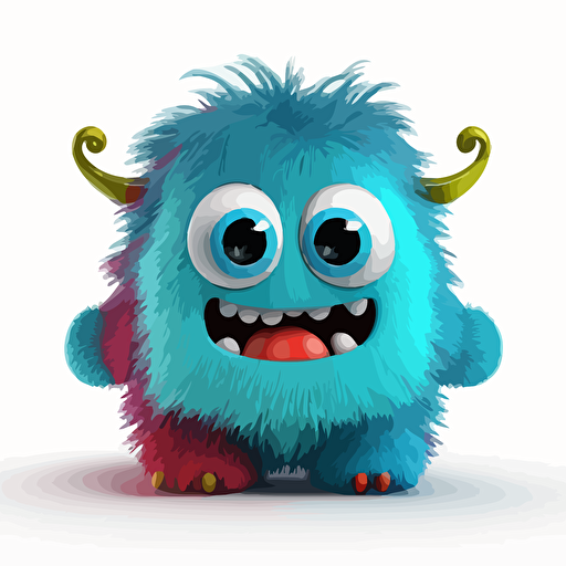 A saturated colorfull baby fur monster, goofy looking, smiling, white background, vector art , pixar style