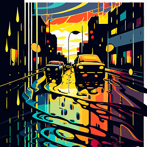 Drawing from Jackson Pollock's drip paintings, design a vector illustration of a bustling city street after a rainstorm, where the puddles reflect the colorful, abstract patterns created by the city lights. Set the scene during a twilight hour.