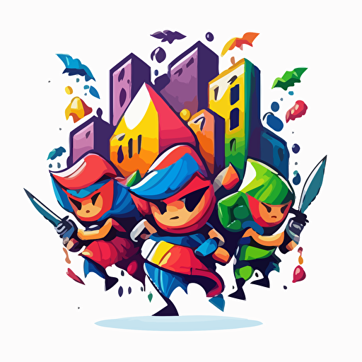 armed colorful pixies in the bad part of the city, vector logo, vector art, emblem, simple cartoon, 2d, no text, white background