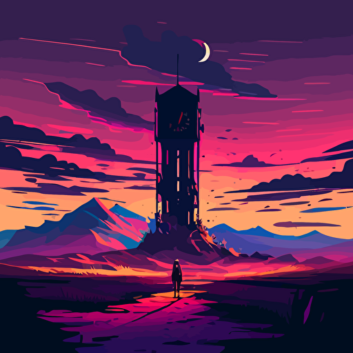 clock tower, flat landscape, digital art, vector, long shadow, 45 degree point of view, by Grant Riven Yun , synthwave colors