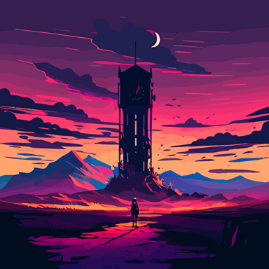 clock tower, flat landscape, digital art, vector, long shadow, 45 degree point of view, by Grant Riven Yun , synthwave colors