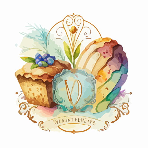 vector logo featuring baked goods such as a cake, a loaf of bread and a cookie, 5 vibrant watercolor colours, elegant, in the style of art nouveau against a white background