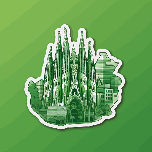 sagrada familia, vector sticker design, white outline, super crisp edges, green background