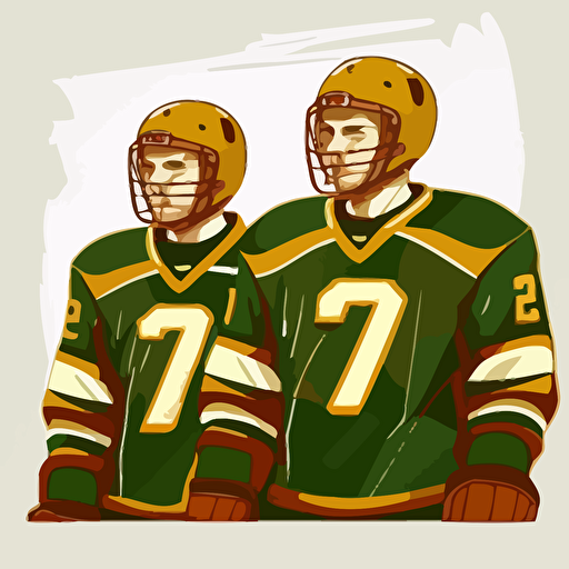 two brothers, Brozen Tundra, looking tough,champions, wearing green and yellow, wearing an oblong brown football, sports logo style, white background, vector