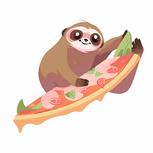 A sloth surfing on a slice of pizza, vector art, illustration, disney style, blank white background