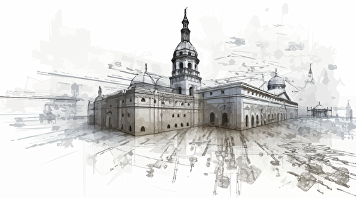 A detailed technical 3-dimensional sketch of only thin arrows of a machine learning model analysis of an image of a Christian religious icon, thousands of arrows, religious buildings in the background, an image consisting of a lot of vectors, a charcoal sketch with white background