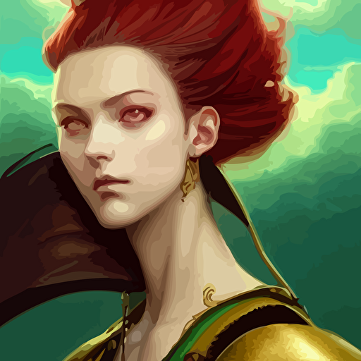 beautiful close portrait 2d illustration young female steampunk pirate wearing leather armor gold red trimmings green charlie bowater tom bagshaw artgerm lois van baarle beautiful anime face cool pose pirate ship epic sky background pondering face smart look cinematic anime lighting composition fantasy painting detailed ornate trending artstation pinterest deviantart google images