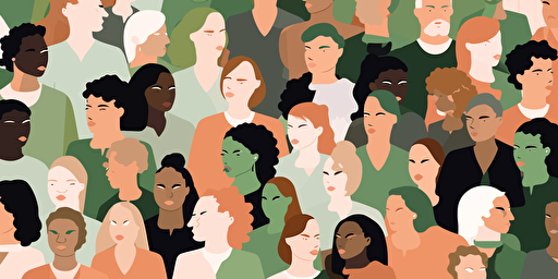 diversity and inclusion in the workplace, equal number of men and women, all skin colors, vector, flat, happy, corporate, office, collage, colorful, green colors