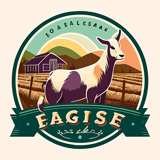 logo, simple vector, goat in front, horse on the side, rabbit laying down, chicken all around, colorfull farm in backround