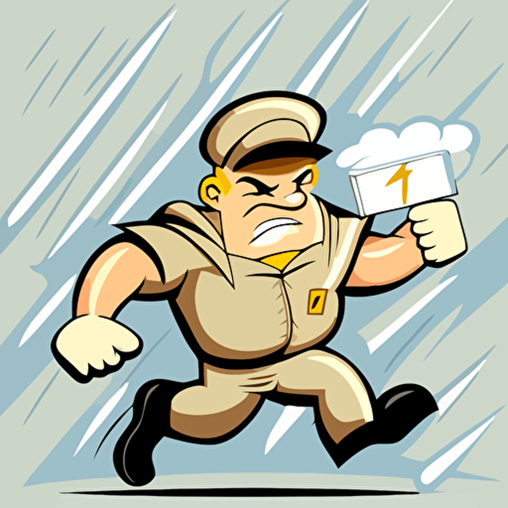 A strong bristish postman powering through the rain with a smile on his face, cartoon, vector, cute