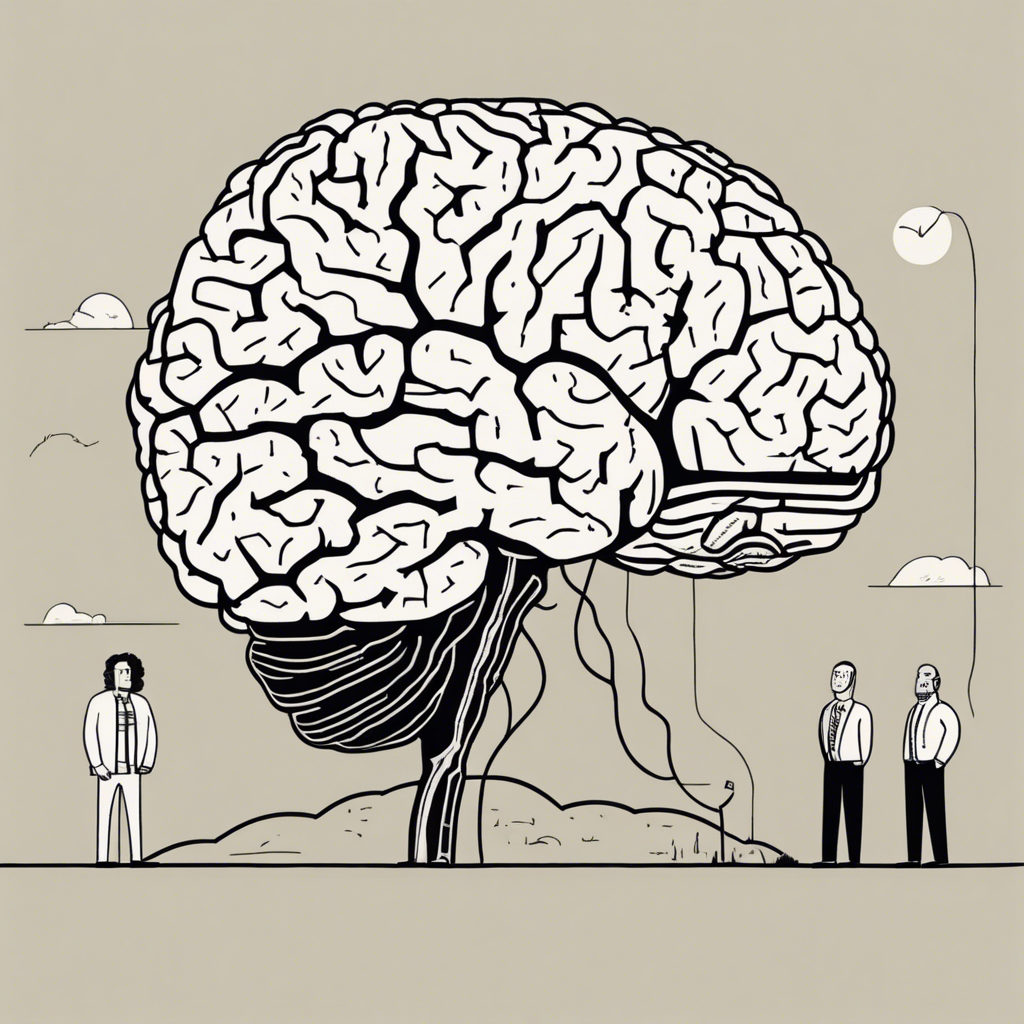 researchers standing in front of a gigantic brain, illustration in the style of Matt Blease, illustration, flat, simple, vector