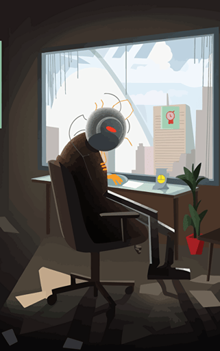 a sad grey alien slumped in a chair behind a desk covered in mess and futuristic office equipment, Sun shining through a window behind with a future city outside, melancholy and fatigue, in the style of flat vector