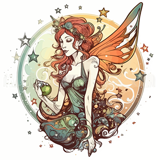 a beautiful fairy with a surrounding star design in detailed drawing style + simple vector + bright colors on a white background