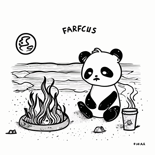 beach with panda, fire, coffee shop cute starbucks logo cartoon, minimal, line, NO COLOR, one line, black ink, vector, white background