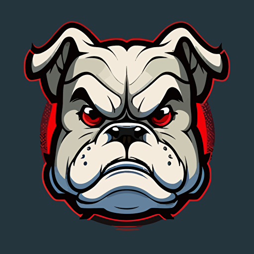 angry english bulldog head, cartoon eyes, cute smile, vector logo, vector art, emblem, simple, cartoon, 2d