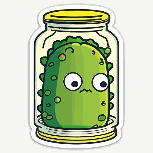 sticker, grumpy pickle, colorful, sitting inside of a pickle jar full of pickle juice, kawaii, contour, vector, white background s 250