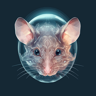 a laboratory mouse vector art, the top of the mouse head has an opening of the skin, the brain is exposed and visible from the top of the head. the brain is white and transparent and the brain looks like it is made from transparent gel