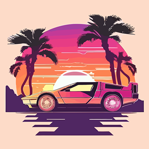 delorean in comic style, vector, flat background, pastel colors, violet, coctails, palms, sunset