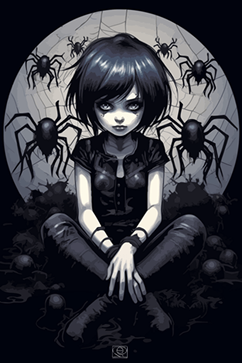 beautiful gothic girl with large eyes and volumptuous curvy body, sitting on floor surrounded by spiders,cutout,vector, intense colors