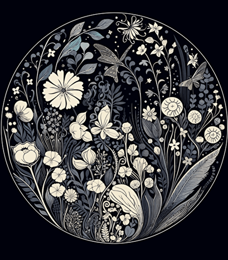 blooming wildflowers vector, white on black background, swirling art nouveau, circular pattern