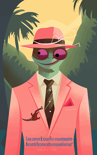 flat vector book cover design showing painted wallpaper hawaii background to a pink anthropomorphic gecko salesman wearing a battered worn suit