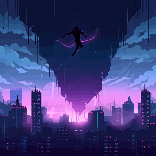 levitating above burning city,theater stage,neon light,,Aurora Laser,Axel Vervoordt,vector illustration, minimalist illustrator, silhouette of a person extreme sports, dynamic posture