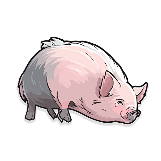 Vector illustration of a farm pig, white feathers, hand-drawn, cartoonish, minimalistic, solid white background, kiss cut sticker