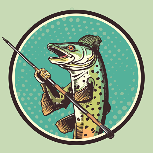 pike with a cap, holding a fishing rod, circle, pop art, Comic vector illustration style
