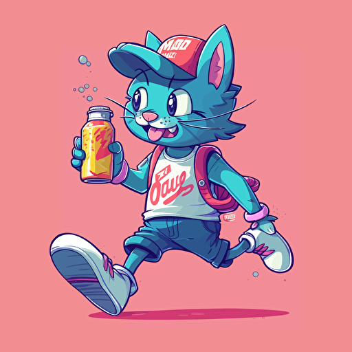 a vector cartoon cat wearing a birthday hat, wearing running shoes, and drinking a canned drink