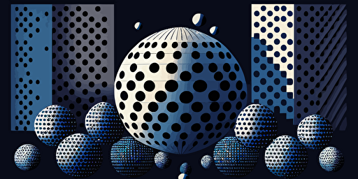 a iconic vector illustration showcasing the transformation from atoms to pixels, using a dark blue color palette and flat vectors. Emulate Victor Vasarely's style by incorporating geometric shapes and patterns, while avoiding the use of shades and gradients. Experiment with various shapes and sizes to create an optical illusion that will capture the viewer's attention.