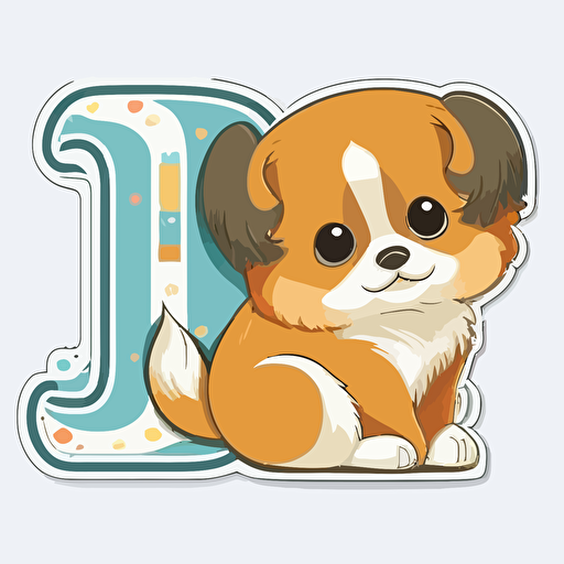sticker flat vector art,2D kawaii, baby dog sitting on the letter D,cute,colorful disney-inspired