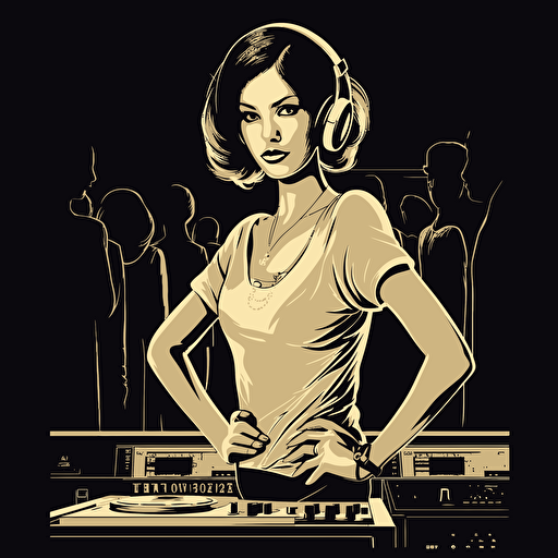 beautiful female dj, mid 50's, standing behind a dj booth, jason brooks, fashion, simple, vector, logo