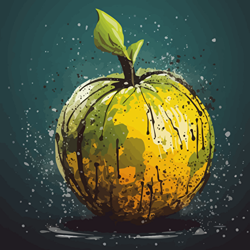 one juicy exotic fruit, simple background, distorted, dimmed lights, depth of field, rough, textured, grainy surface, dusty, vector, desaturated colour drips, graffiti, artificial, highres