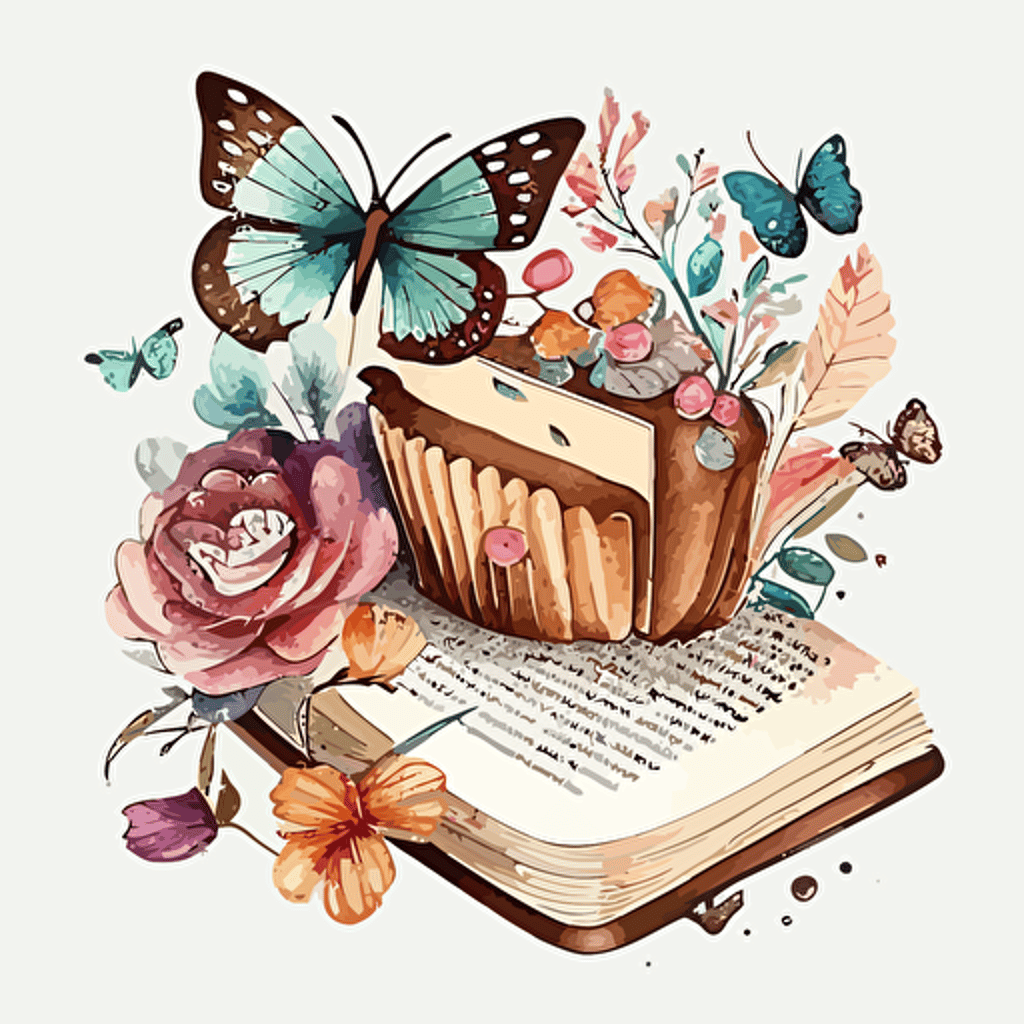 watercolor vector art, pretty books, pastry, joyful, watercolor, butterfly, flowers