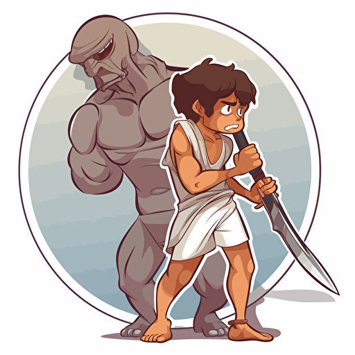 David and Goliath, a young man named David holding a leather sling, STICKER, calm and peaceful mood, earthen colors, in the style of Nerfect, CONTOUR, VECTOR, WHITE BACKGROUND, high detail,