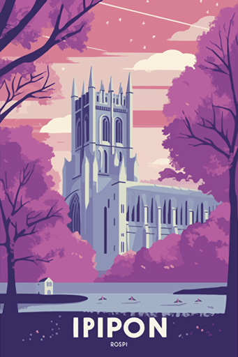 Flat vector art illustration | travel poster featuring | The Ripon Cathedral United Kingdom | Pastel blues, purples, and pinks | Wide Angle | no text |