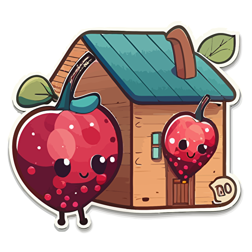 two cranberry fruit merging into a wooden house with a flat roof, Sticker, Adorable, Cool Colors, Pixar, Contour, Vector, White Background