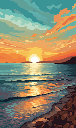 greek sea, sky, ocean, sand, blue and orange, vector style