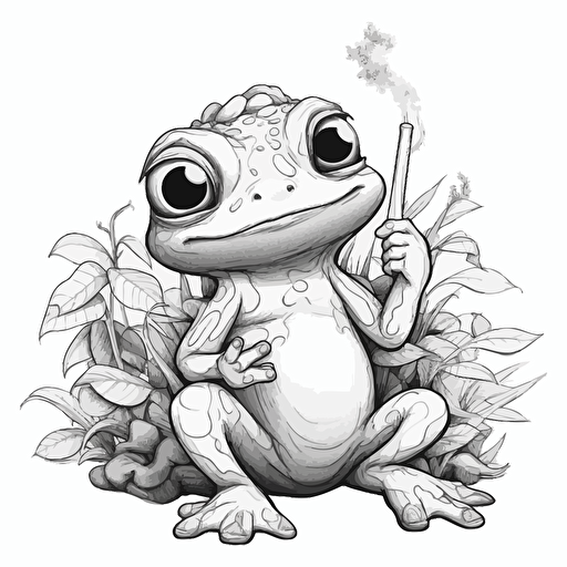A cute frog smoking marijuana, disney cartoon style, black and white, coloring page, vector