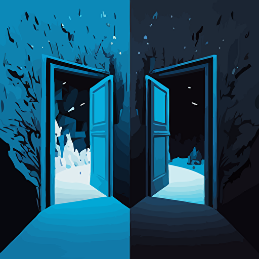 a vector illustration of the entrance to the virtual world, focusing in the difference of the real and the virtual world, style: using only flat vectors, in blue and black tones.